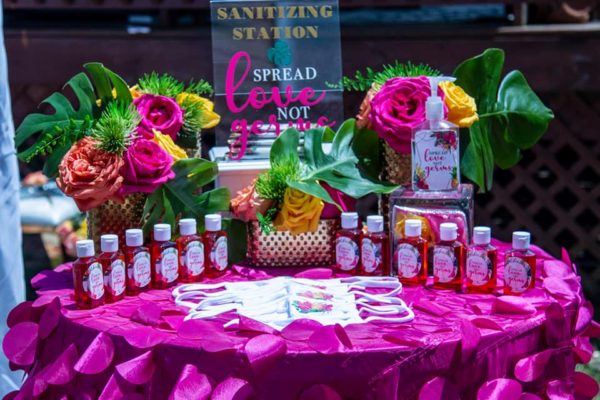 Spread love not germs, covid sanitizing station, floral wedding sanitizing station, covid wedding, pandemic wedding, pandemic engagement, pandemic proposal, covid 19 wedding, how to be safe attending a covid wedding